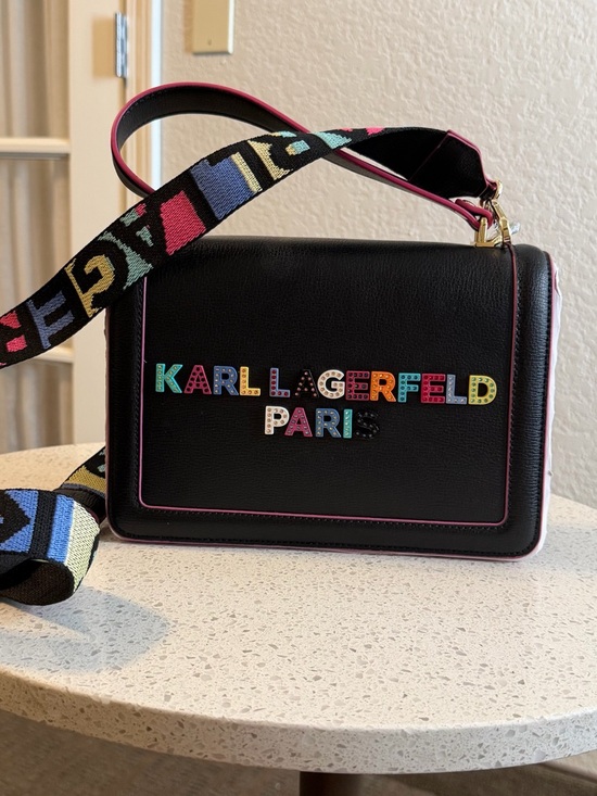 Karl Lagerfeld Handbags - Karl Lagerfeld Black Crossbody with Multicolor Logo and Strap